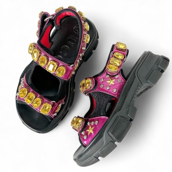GUCCI Nappa Mesh Technical Canvas Calfskin Aguru Trek Crystal Chunky Sandals - Picture 1 of 9